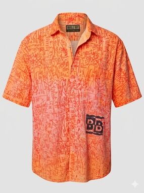 Bugle Boy Vintage 80s-90s Button-up W/ Scribble Pattern Orange Coral Dip Dyed